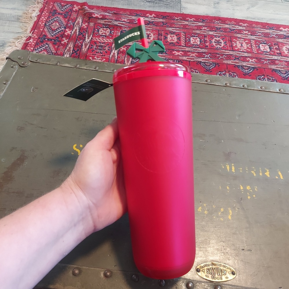 Starbucks Red Matte Holiday Tumbler 24oz Siren Logo Bow Straw Topper 011175873